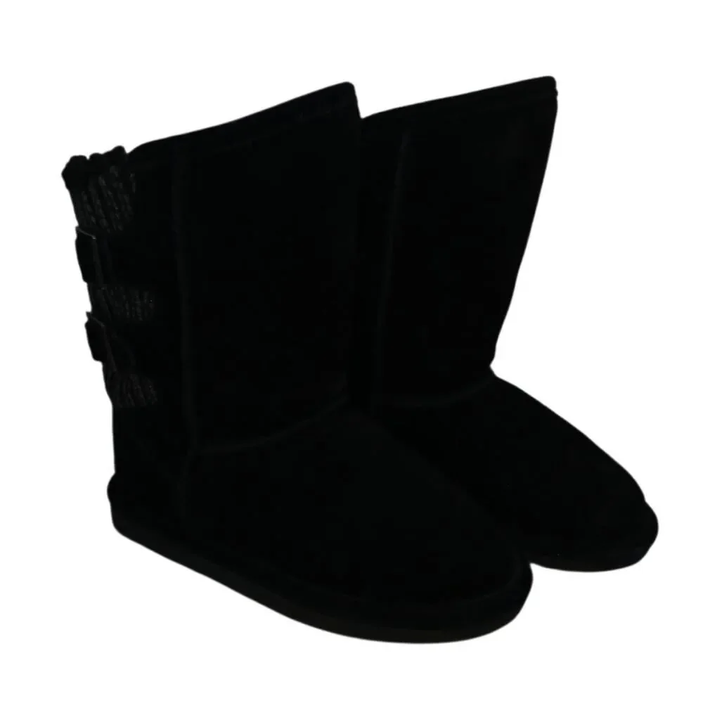 Cozy BearPaw Girls Bushie Black Suede Sheepskin Lined Boots - Size 1